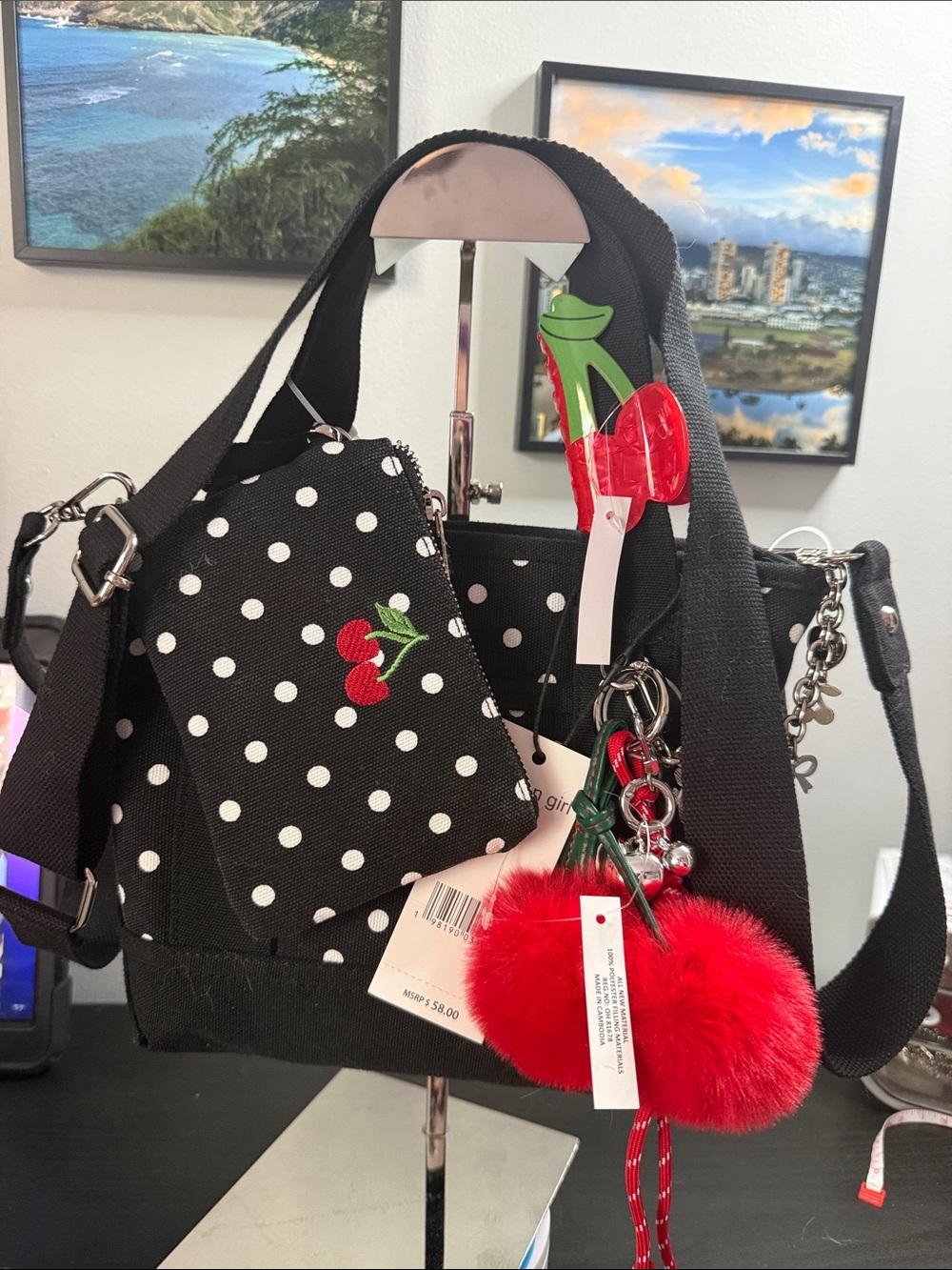 Steve Madden Girl Black Polka Dot Shoulder Bag with Red Cherry Charms